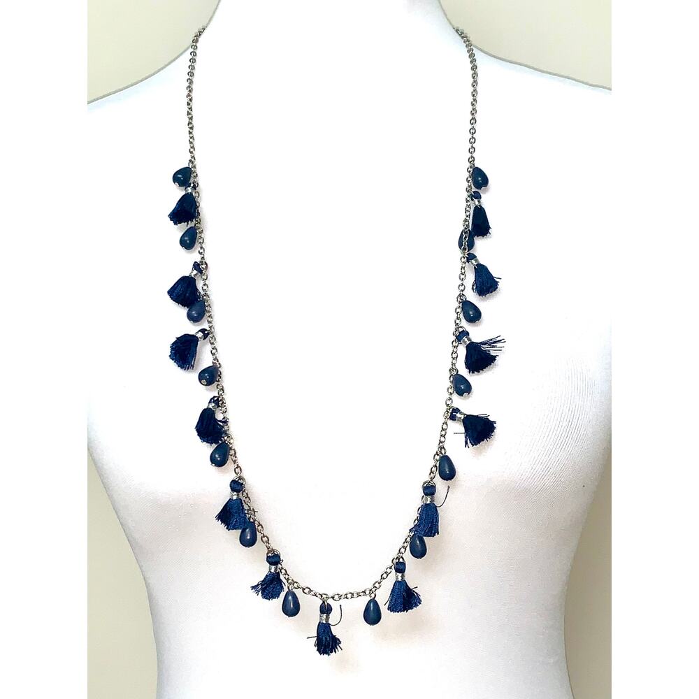 Blue Tassel 1946 Beaded Silver Tone Statement Long Necklace NWT